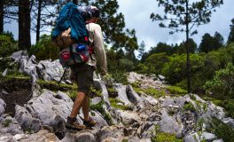 Dağda sisli patikada yürüyen trekkingci — trekking güvenliği