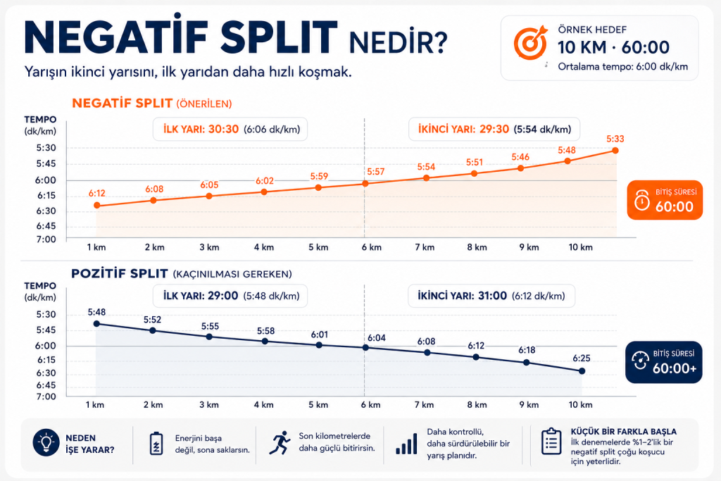 Negatif split grafiği: 10 kilometrelik 60 dakika hedefinde ilk yarı 30:30, ikinci yarı 29:30 koşulur; pozitif splitte ise ikinci yarı yavaşlar