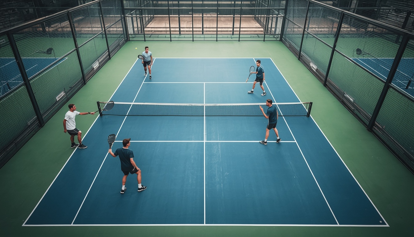 Padel-Court von oben: Glaswände, Netz und vier Spieler im Doppel