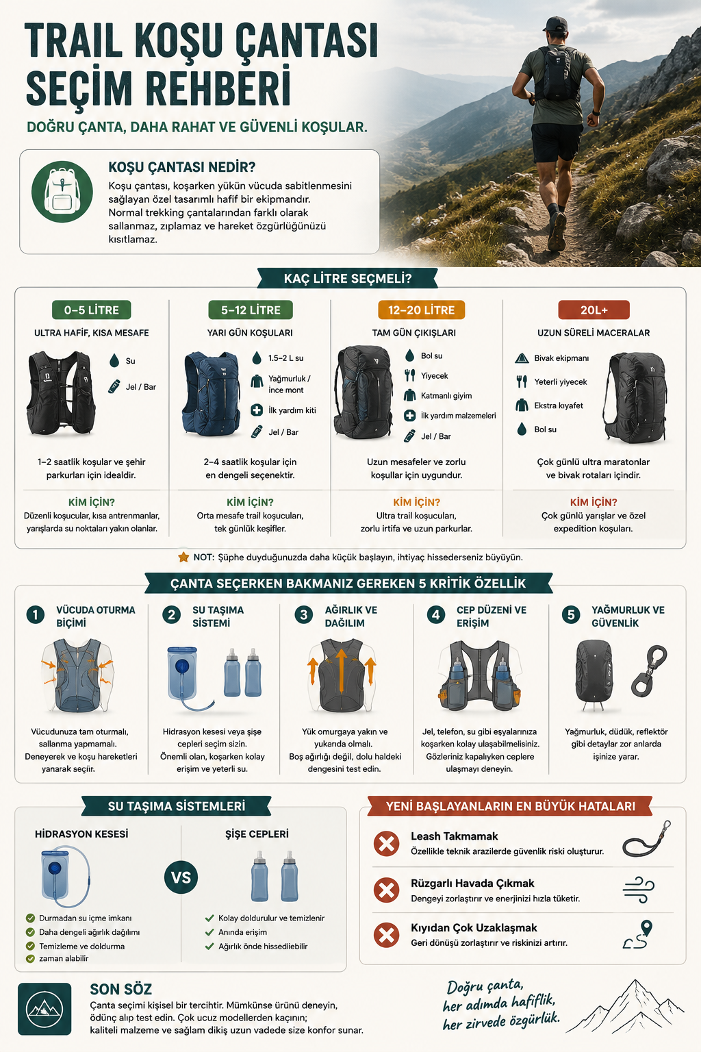 Trail koşu çantası seçim rehberi infografiği