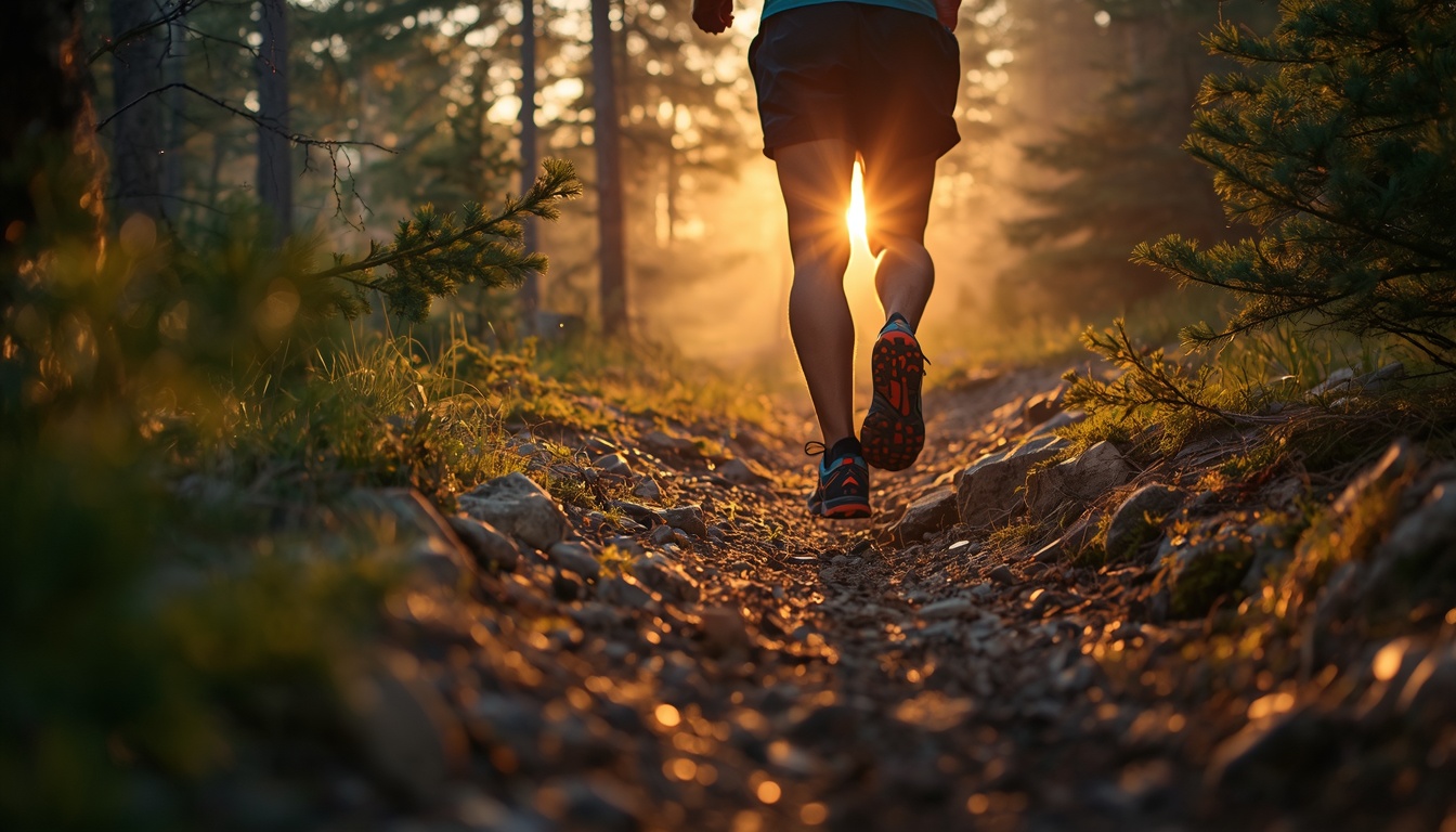 A trail runner on a rocky forest path at sunset, seen from behind