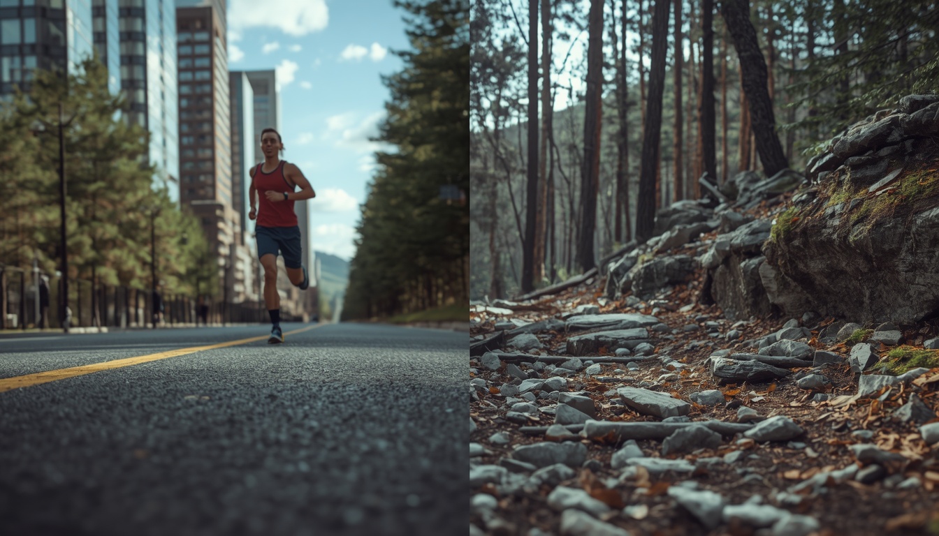 Split image: a runner on a city road on one side, a rocky forest trail on the other