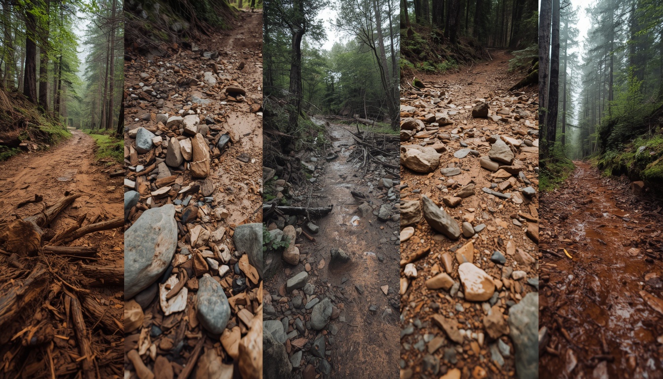 Different trail surfaces side by side: roots, loose rocks, mud and a forest path
