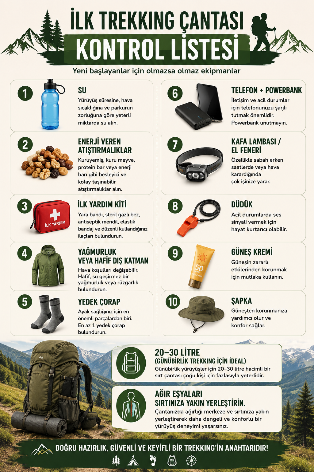 First trekking backpack checklist infographic: 10 essential items and a 20–30 litre recommendation