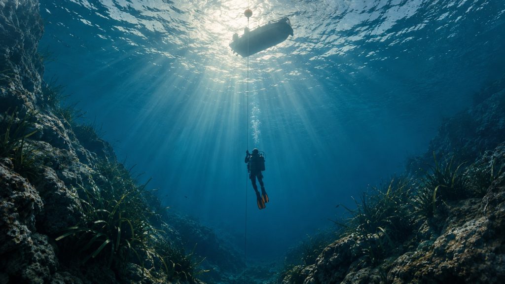 A scuba diver descending a line into blue water — nitrox calculator