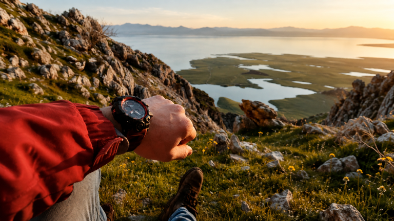 Göl manzaralı yamaçta oturan yürüyüşçünün bileğindeki outdoor spor saatine bakması