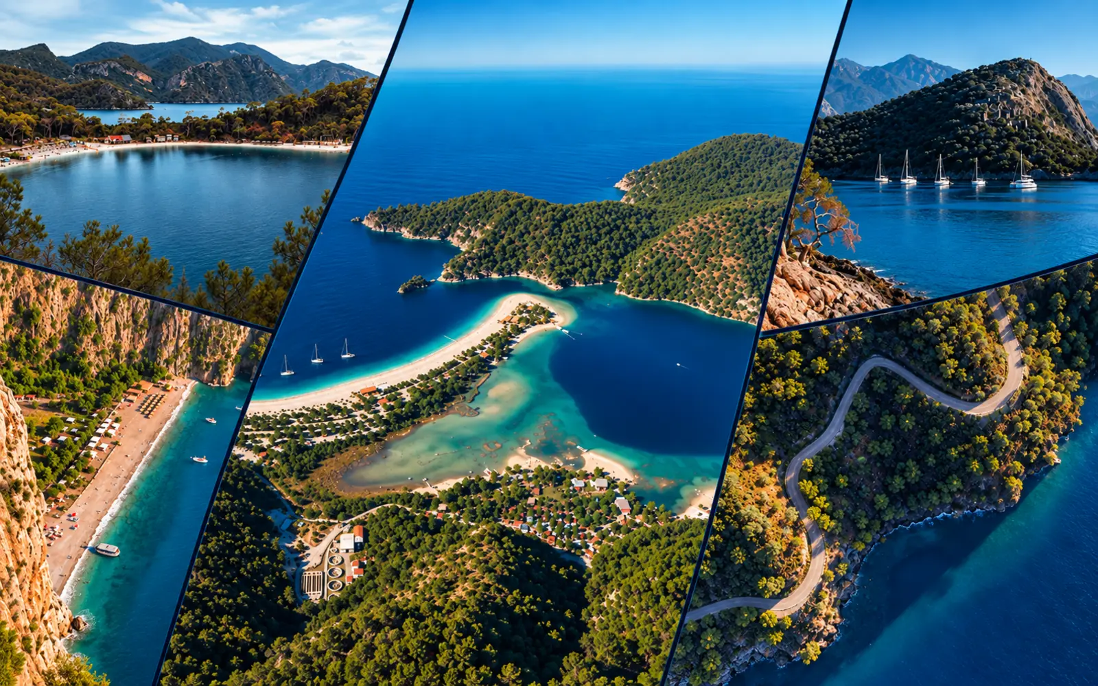 Ölüdeniz lagünü, Fethiye koyları, yelkenliler ve ormanlık sahil yolundan oluşan Fethiye kolajı