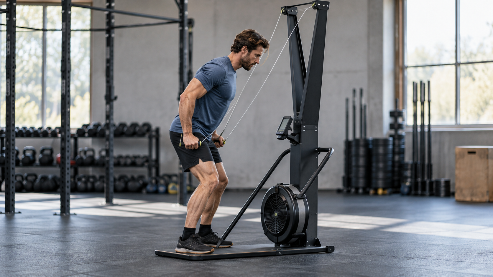 Sportler im Fitnessstudio, der sich am SkiErg auf einen Zug vorbereitet