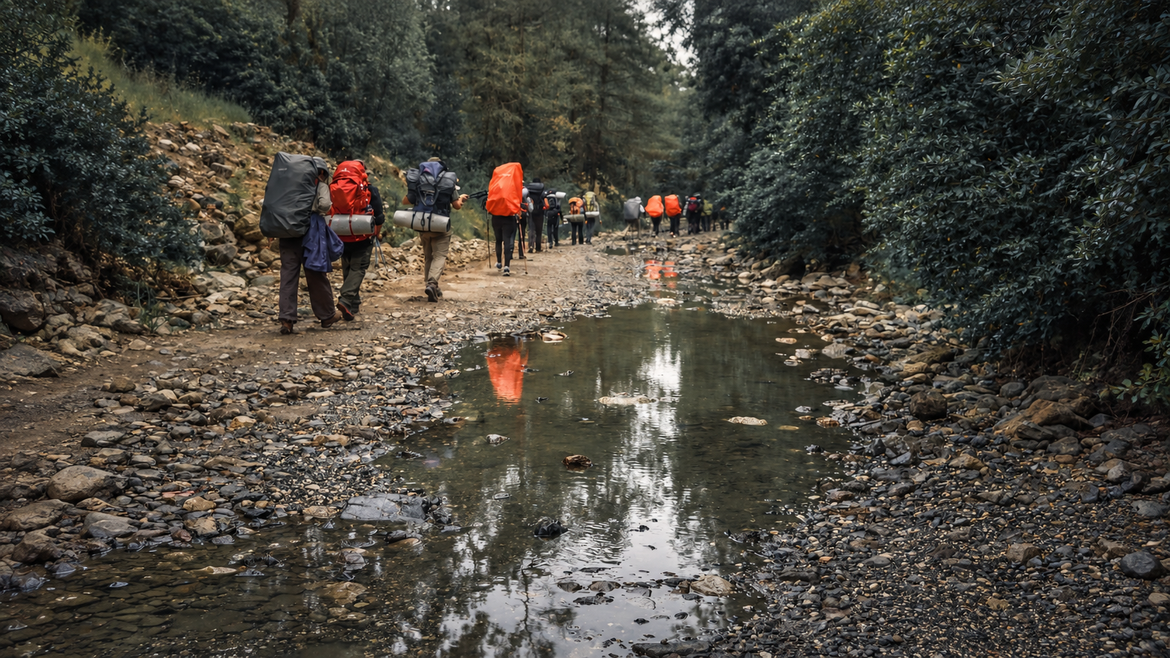 Taşlı patikada, su birikintisinin yanında ıslak zeminde yürüyen sırt çantalı trekking grubu