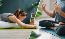 Mat üzerinde ileri eğilme esnemesi yapan kadın ve bağdaş kurup meditasyon yapan erkek, iki yoga pozu yan yana
