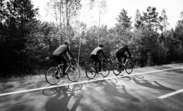 Three road cyclists riding in single file on an asphalt road beside an autumn forest, black and white