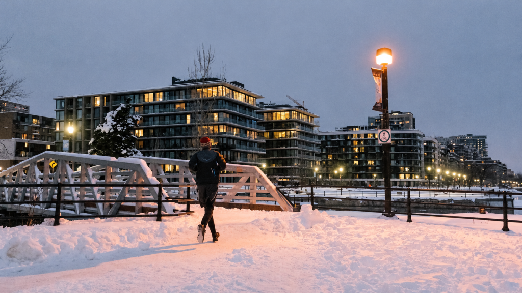 Runner on a snow-covered bridge under street lights on a dark winter morning