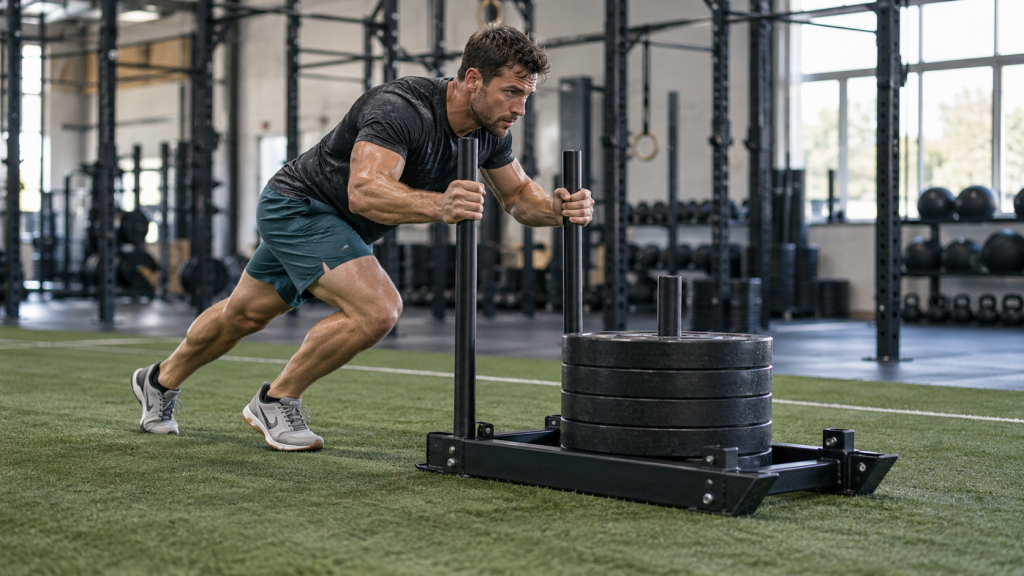 Athlete doing a sled push on artificial turf, torso leaning forwards and taking short steps