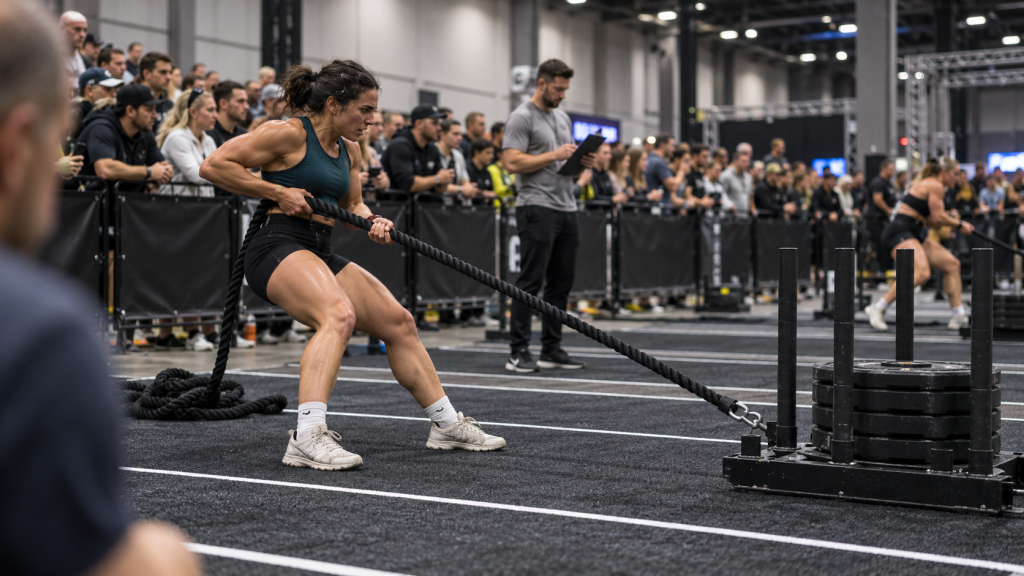Yarış kulvarında dizlerini büküp halatı iki eliyle kendine çekerek sled pull yapan kadın sporcu