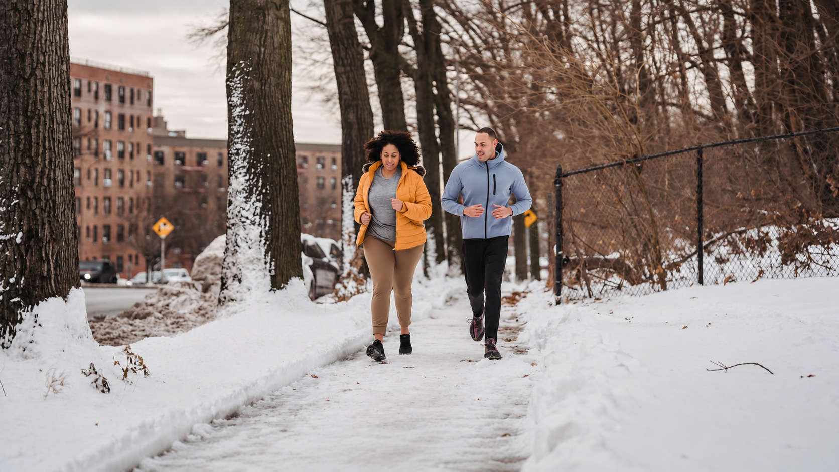 Two runners jogging side by side on a snow-covered pavement lined with bare winter trees